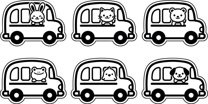 Black and white line art animals riding in cartoon cars vector illustration