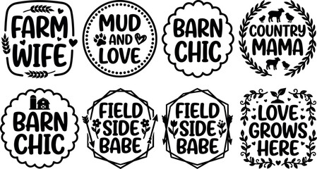 Obraz premium Black and white farm wife and countryside phrases with floral and animal motifs vector art