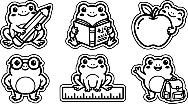 Black and white cartoon frogs with school items holding pencil book apple ruler and backpack vector line art