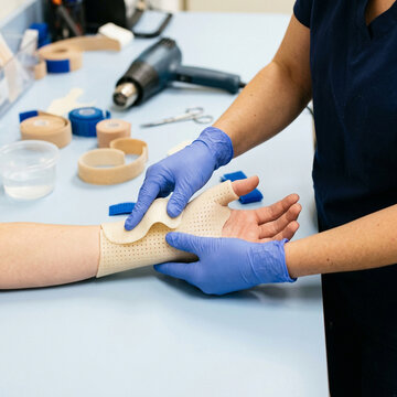 Close-up of occupational therapist's hands adjusting thermoplastic splint for immobilized hand and wrist of patient in rehabilitation clinic