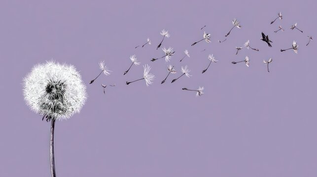 Dandelion dispersing seeds in the wind against a soft purple background