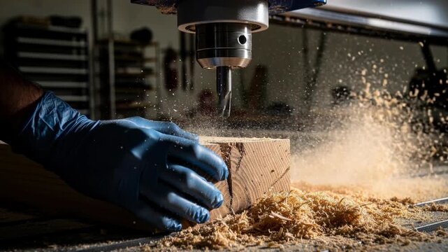 Close up of woodworking CNC machine carving wood with blue gloved hands and flying sawdust in workshop