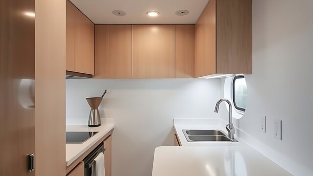 knack. Compact kitchenette with clean counters and soft lighting, functional small space. lifestyle magazines, social media lookbooks, designed for lifestyle magazines and social media content.