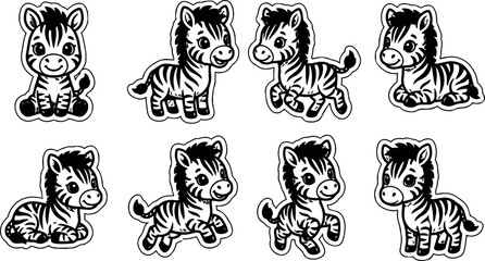 Obraz premium Cute black and white cartoon zebra set with different poses vector art