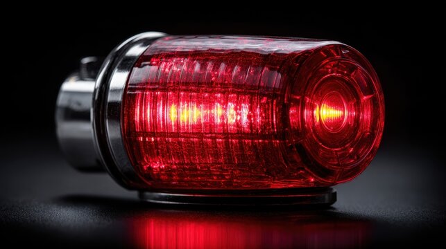 Illuminated Red Motorcycle Tail Light Glows in Dark Studio.