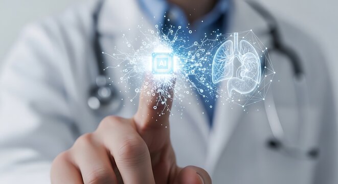 Dokter menyentuh layar dengan ikon paru paru dan chip ai teknologi medis