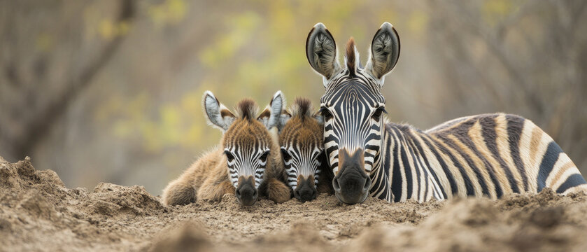 A zebra with two striped foals lies in the sand, showing affection, and serves as the main backdrop for the animals or the savannah.