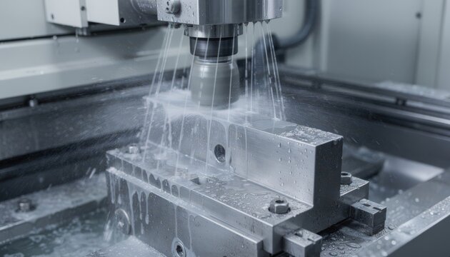 Close medium view of a wet deburring process with coolant spraying over edges as the machinery polishes and removes burrs efficiently.