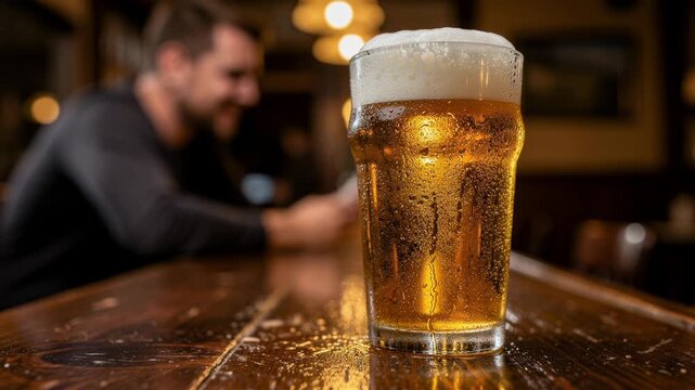 Cold frothy beer in a glass on a wooden bar with man enjoying drink in cozy pub atmosphere