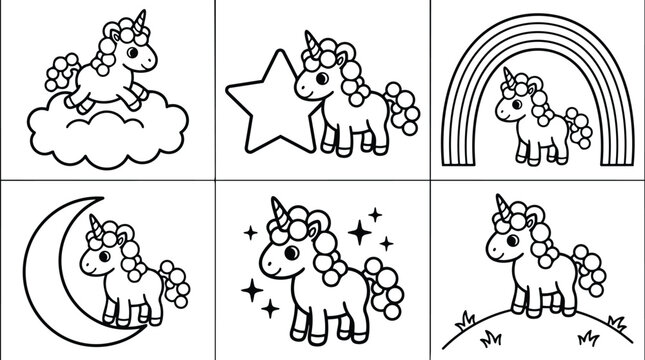 Cute vector unicorn coloring book pages six square panels each with different pose cloud star rainbow moon hill simple line art adorable outline designs for kids