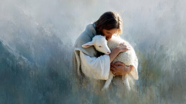 Jesus christ cradling a lost sheep, symbolizing compassion, protection, guidance and vulnerable the seeking