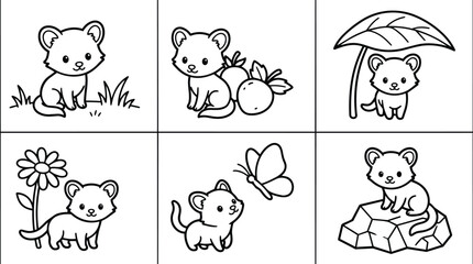 Obraz premium Line art vector close up set of six playful baby ferret characters sitting exploring with leaf flower butterfly rock and fruit cute panels for coloring books