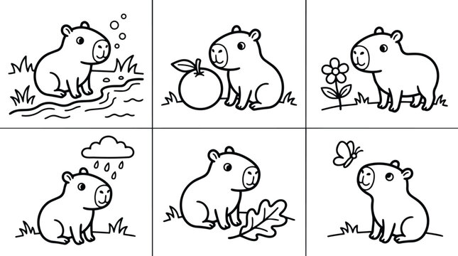Cute capybara line art coloring book panels six scene close up sitting eating fruit near flower by river with butterfly rain leaf playful simple bold strokes
