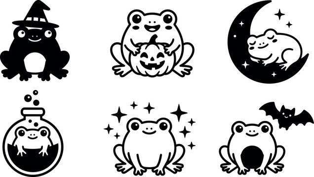 Halloween themed frogs with pumpkin potion moon and bat vector art