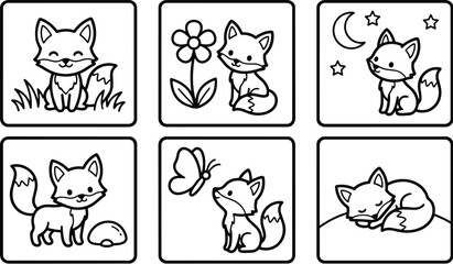 Fototapeta premium Cute fox coloring book vector panels six square scenes with smiling sitting sleeping butterfly flower moon grass rock simple line art for kids toddlers preschoolers playful
