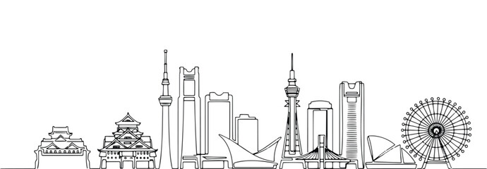 Obraz premium Continuous single line drawing of Osaka skyline, Japan city landmark outline