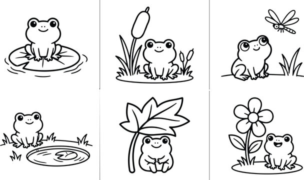 Cute line art frogs in six panels for coloring book sheet with lily pad cattail dragon fly flowers simple outlines left right close up poses happy smiling