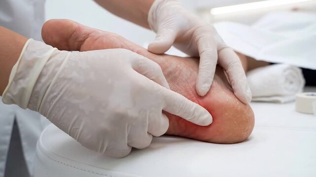 Foot medical anatomy heel pain examination in clinic healthcare setting, gloved hands check inflamed heel redness with gentle pressure for podiatry diagnosis, closeup treatment and medical care detail