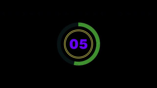 Digital 10 Second Countdown Timer with Green Circular Progress Bar and Purple Numbers on transparent Background for Video Editing and Motion Graphics Projects. 4K video with alpha channel