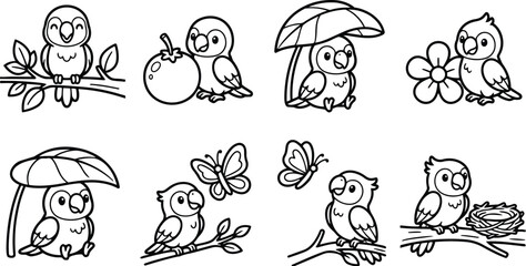 Fototapeta premium Cute line art parrot characters sitting on branch with fruit flower umbrella nest butterfly simple outlines for childrens coloring book pages bold black lines friendly