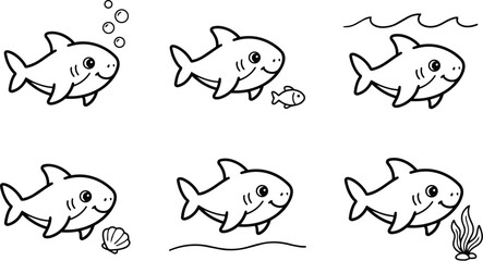 Fototapeta premium Vector art smiling baby shark swimming with bubbles shell and small fish side view set for coloring book outlines simple happy ocean characters