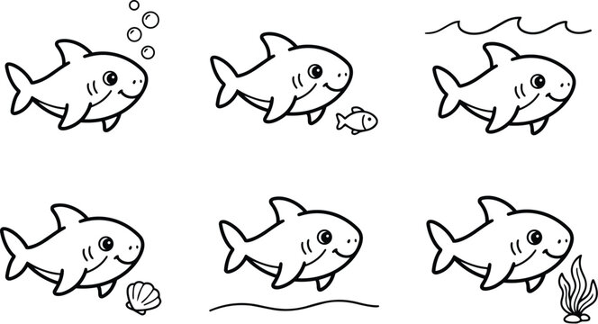 Vector art smiling baby shark swimming with bubbles shell and small fish side view set for coloring book outlines simple happy ocean characters