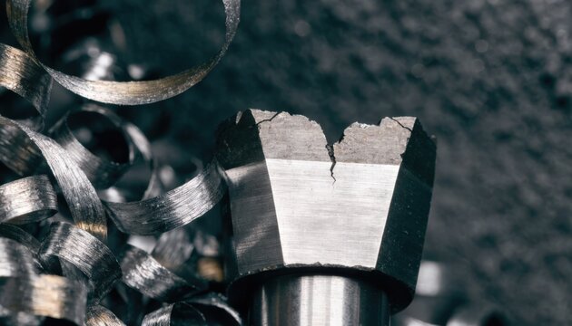 Closeup of notch wear on a metal cutting insert highlighting sharp edge deterioration and impact on machining precision.