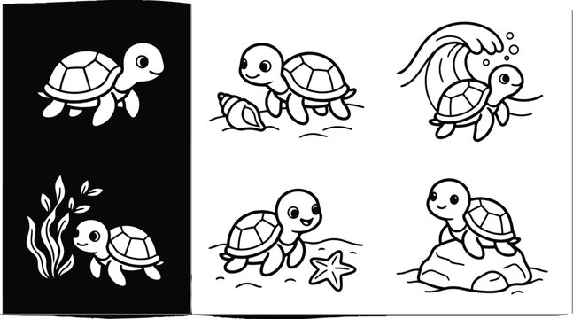 Line art coloring book page with six cute sea turtles in different poses walking swimming near shell starfish seaweed rock smiling expressions bold outline for kids