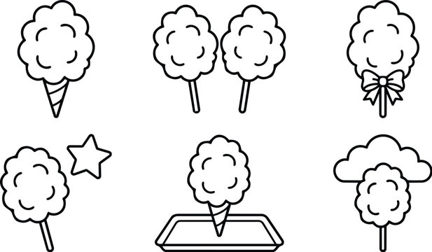 Minimalist line art top view cotton candy icons set with multiple variations cone stick bow tray cloud star designed for coloring book pages playful outline children