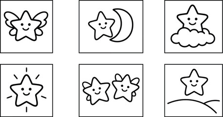 Fototapeta premium Kawaii star icon set six square panels simple outline line art smiling stars moon cloud wings sparkles for coloring books vector hand drawn style child friendly
