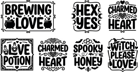 Obraz premium Black and white brewing love hex yes charm heart spooky honey witch please love lettering vector art