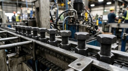 Fototapeta premium Closeup of heavy hex structural bolts aligned on a production line highlighting the precision control in manufacturing steel construction fasteners.