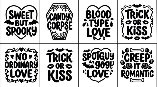 Black and white spooky love phrases with bats hearts and roses vector art