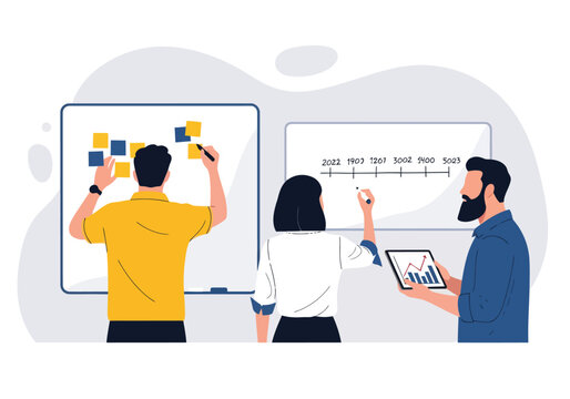 Business team planning project timeline on whiteboards, corporate colleagues brainstorming with sticky notes, flat vector illustration of office workflow
