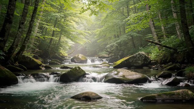 A gentle stream flows over moss covered rocks surrounded by lush green trees in a peaceful forest