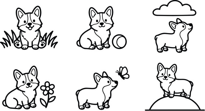 Cute line art corgi puppy set for coloring book pages with six simple scenes sitting playing standing sniffing hill flower playful outline grass butterfly ball smiling