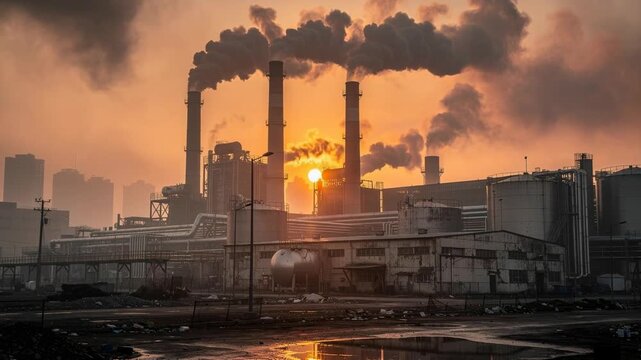 Sprawling industrial factory emitting thick smoke from tall chimneys at sunset with dramatic sky