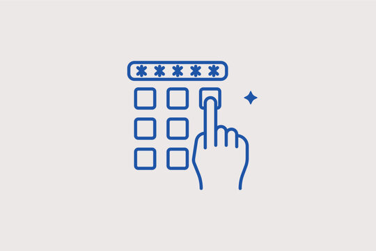 Hand entering a pin code on a digital keypad for secure access. Interactive Vector Illustration and line icon is perfect for authentication guides and security terminal interfaces.
