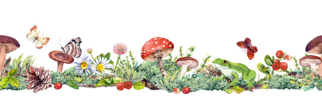 Horizontal woodland strip featuring a frog, mushrooms, butterfly, berries, and wildflowers in watercolor illustration on white for cards, labels, and web banners
