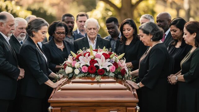 Diverse group of people mourning together at a funeral with floral decorated casket outdoors