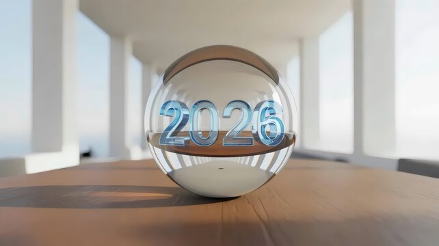 Crystal ball with shimmering 2026 holographic text inside - for creative business imagery