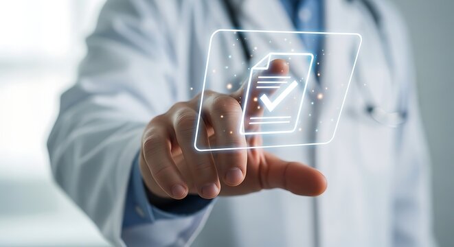 Dokter menyentuh ikon dokumen digital dengan tanda centang di layar futuristik