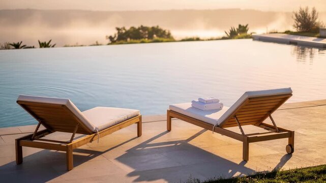 Two wooden lounge chairs by an infinity pool at sunrise with soft towels stacked for relaxation