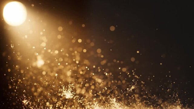 Mesmerizing golden light beam piercing through a dark background, creating a dynamic cascade of glittering particles and shimmering dust motes, perfect for abstract backdrops and festive overlays