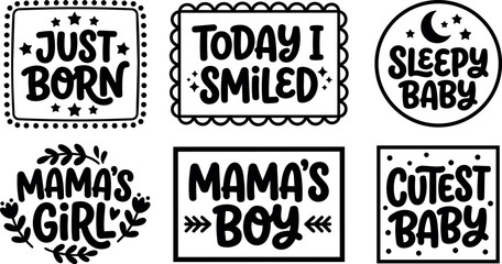Naklejka premium Black and white baby milestone phrases with decorative frames and floral accents vector art