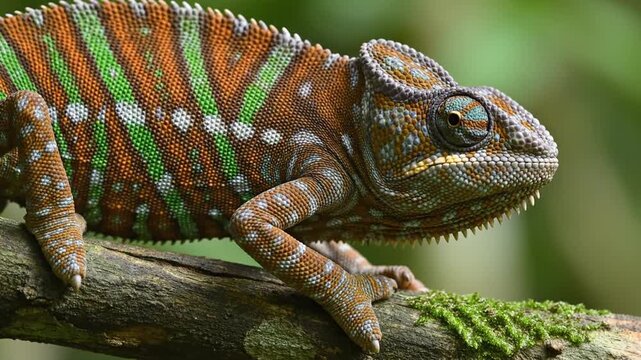 Chameleon reptile lizard on tree branch in green forest, close up wildlife animal portrait with colorful patterned scales and textured skin, nature jungle habitat closeup view