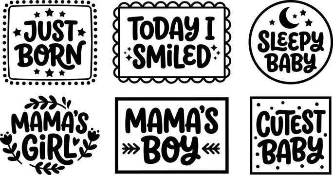 Black and white baby milestone phrases with decorative frames and floral accents vector art
