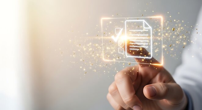 Tangan menyentuh ikon dokumen digital dengan tanda centang dan kilauan emas