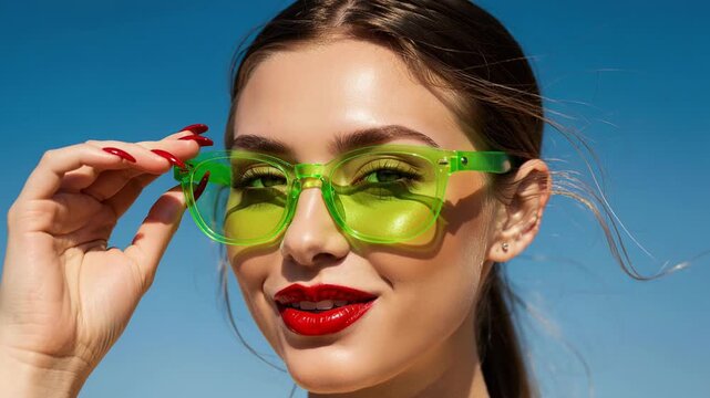 Happy fashionable woman wearing bright green sunglasses and red lipstick enjoying sunny day outdoors