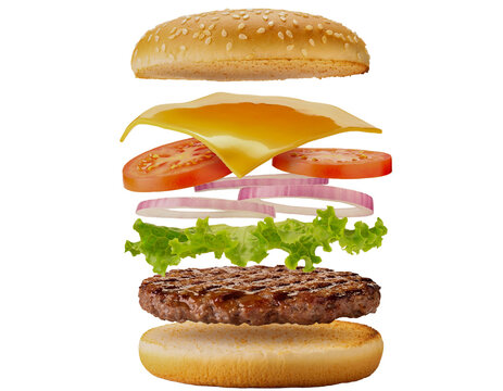 Deconstructed burger floating cheeseburger ingredients isolated PNG on transparent background, multicolor/medium, creative advertisement for gourmet burger joints and food styling portfolios